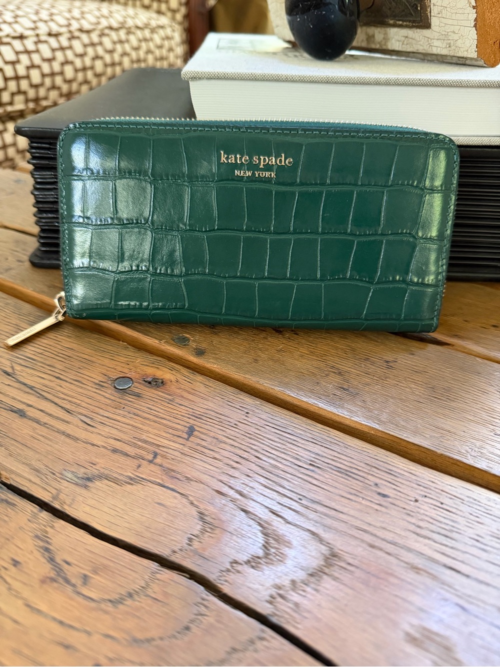 kate spade Large Continental Green Croc-Embossed Zip Wallet